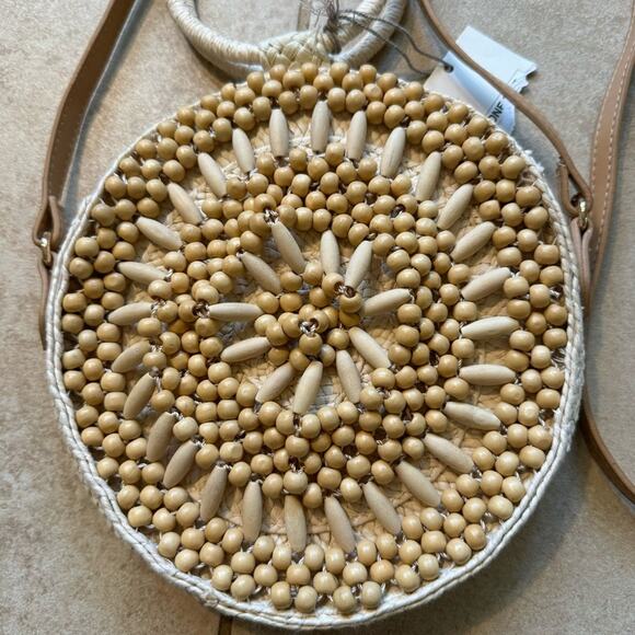 A New Day Boho Round Crossbody Handle Bag Beaded Straw Neutral Tan Purse - Picture 2 of 8